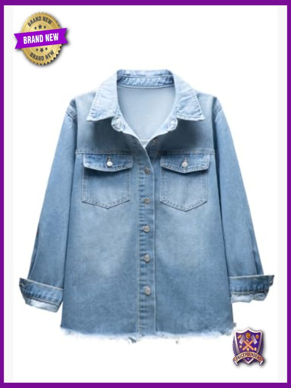 Oversized Denim Jacket with Distressed Frayed Hem Long Sleeve Button Front Jean - Picture 4 of 6